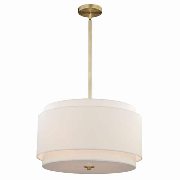 Burnaby 4-Light Brass Mid-Century Modern Drum Pendant White Linen