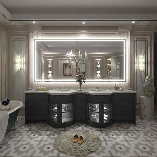 77 in. W x 36 in. H Rectangular Frameless Front & Back LED Lighted Anti-Fog Tempered Glass Wall Bathroom Vanity Mirror