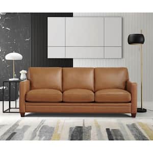 Naples 84 in. Square Arms Top Grain Leather Lawson Straight 3-Seater Sofa in Brown