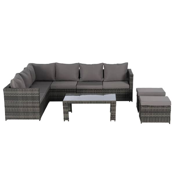 OLUMAT 6-Piece Wicker Outdoor Sectional Sofa Set with Dark Gray Cushions and Coffee Table