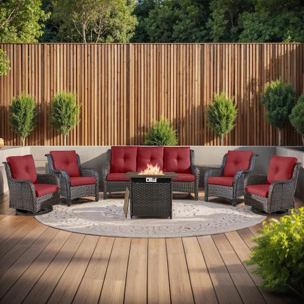 moosprr 6-Piece Brown Wicker Fire Pit Conversation Set with Olefin Red Cushions and 2 Swivel Glider/ 2 Lounge Chairs and Couch