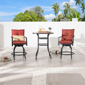 3-Piece Metal Bar Height Outdoor Bistro Set with Red Cushions