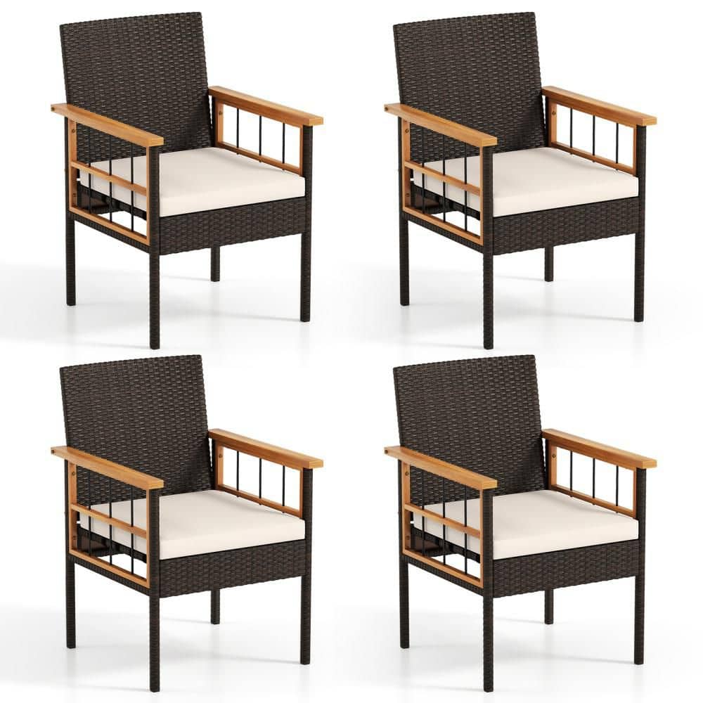Set of 4 Patio Dining Chairs w/ Removable Padded Cushion Acacia Wood Armrests Natural & Mix Brown Outdoor price history on PriceWatchPro