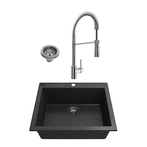 Campino Uno Metallic Black Granite Composite 24 in. Single Bowl Drop-In/Undermount Kitchen Sink with Faucet
