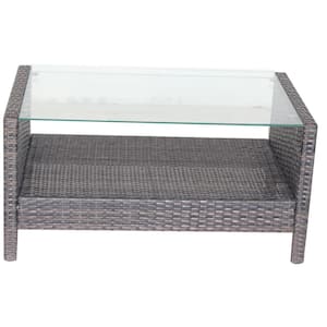 34.6 in. L x 20.5 in. W x 17.7 in. H Outdoor Wicker Patio Furniture Coffee Table with Clear Tempered Glass