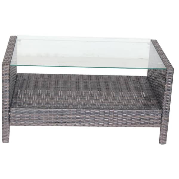 Tatayosi 34.6 in. L x 20.5 in. W x 17.7 in. H Outdoor Wicker Patio Furniture Coffee Table with Clear Tempered Glass