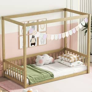 Natural Brown Wood Frame Twin Size Platform Bed with Canopy Frame, Fence Guardrails