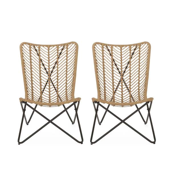 2-Pieces Light Brown PE Wicker and Metal Outdoor Lawn Chairs with Geometric Cross Base, Curved Seating 400 lbs. Capacity