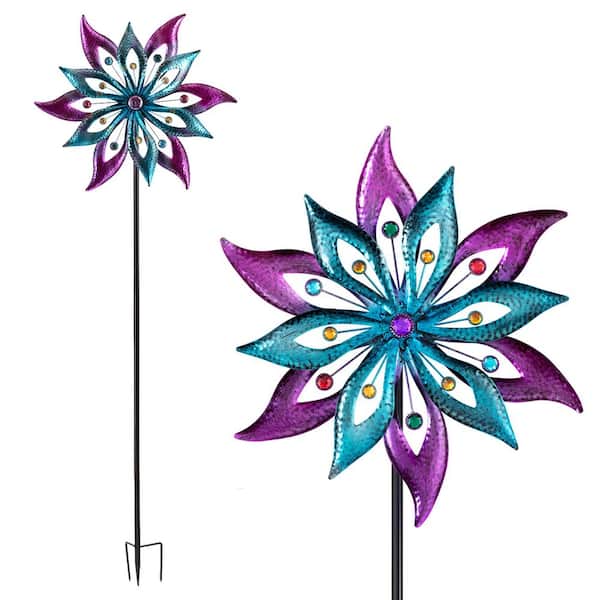Alpine Corporation 64 in. Tall Outdoor Floral Windmill Stake with Gems Kinetic Spinner, Purple and Aqua