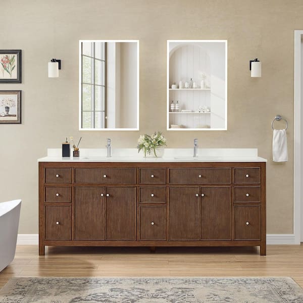 Pendry 84 in. Double Freestanding Dark Walnut with Brushed Nickel Trim Bath Vanity with White Quartz Top