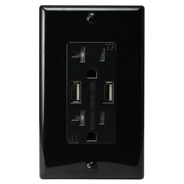 ASI Two 3.4 Amp USB Two 20 Amp AC Wall Outlet and USB Charging Ports Wall Plate Tamper Resistant, Black