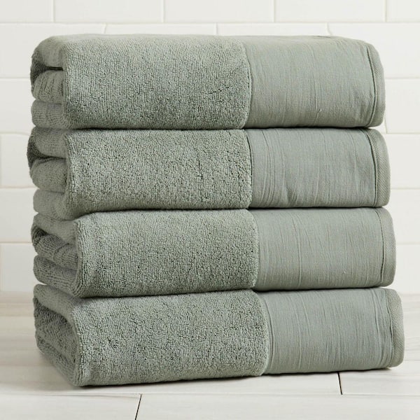 Sage Green Ultra-Soft Cotton Linen-Like Border 4 Pack Bath Towel Set
