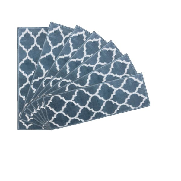 MSRUGS Trellis Collection Blue-White 9 in. x 28 in. Polypropylene Stair Tread (Set of 7)
