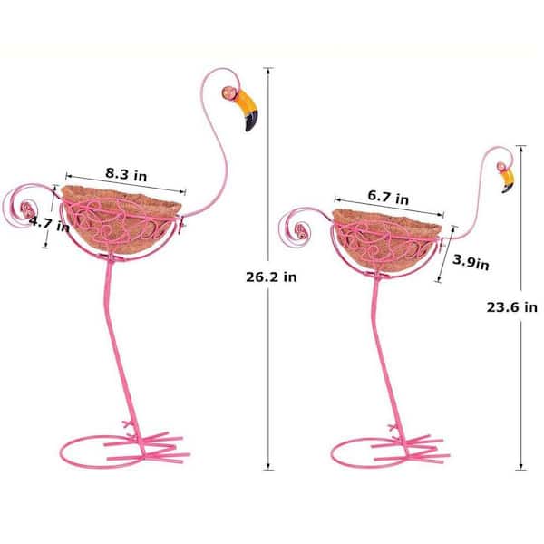 Set of 2 Pink Metal Flamingo Indoor/Outdoor Planters with Basket