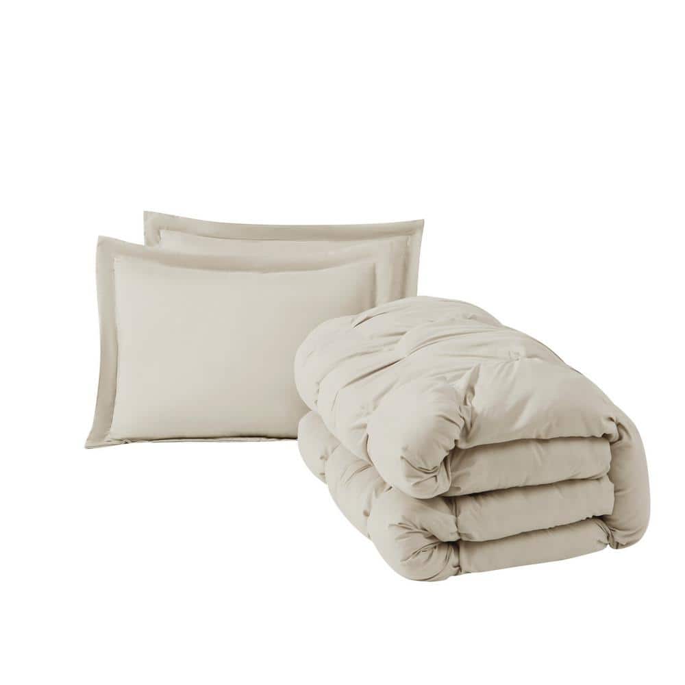 Beige King Microfiber Puffer Comforter Set