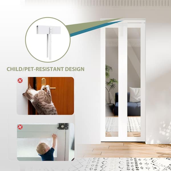 72 in. x 80 in. Full Lite Mirrored Glass Solid Core White PVC Covering MDF Bi-fold Door with Locks and Handles