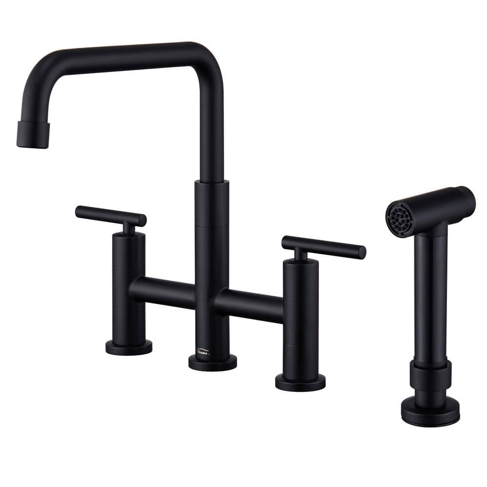 Double Handle 360 Degrees Rotation Bridge Kitchen Faucet with Pull-Out Side