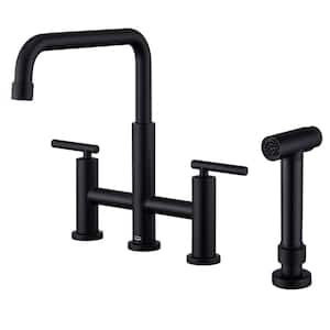 Double Handle 360 Degrees Rotation Bridge Kitchen Faucet with Pull-Out Side Sprayer and Ceramic Cartridge in Matte Black