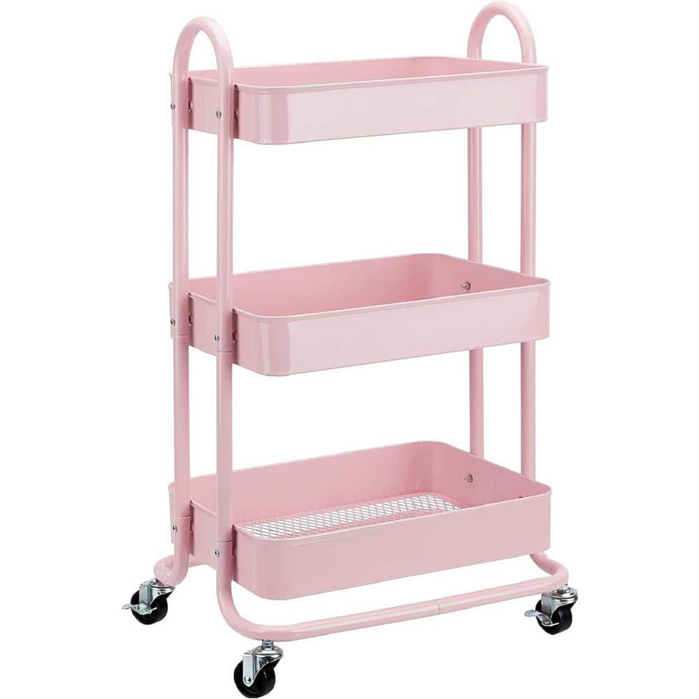 3-Tier Metal Kitchen Cart in Dusty Pink with anti-Rust Properties