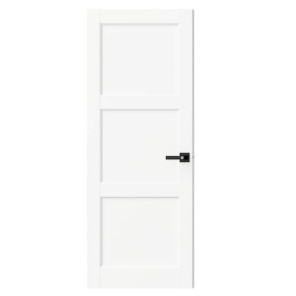 30 in. x 80 in. MDF, Composite, Pre-finished Primed, White, T Shaped, 3 Panel Interior Door Slab With Black Lever Handle