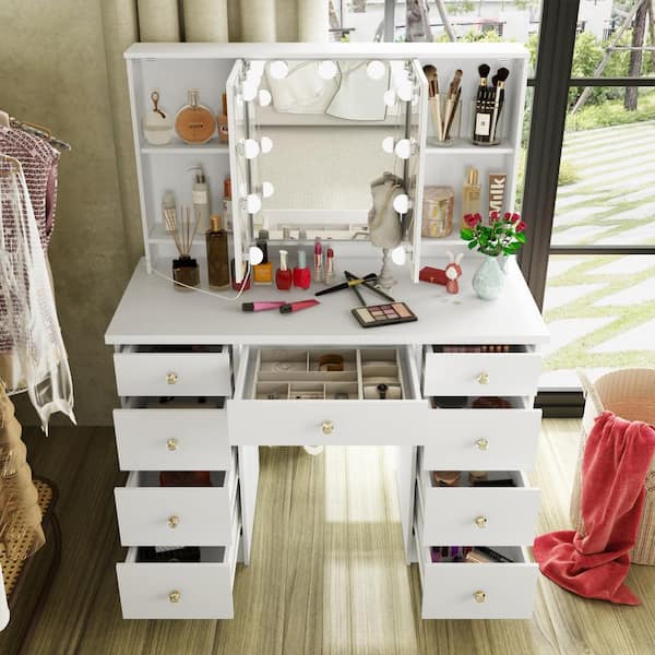 FUFU&GAGA Contemporary White Makeup Vanity Table with 9 Drawers