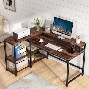 Ariana 55 in. L-Shape Black Metal Brown Particle Board Wood Top Corner Computer Desk with Monitor Stand Storage Shelf