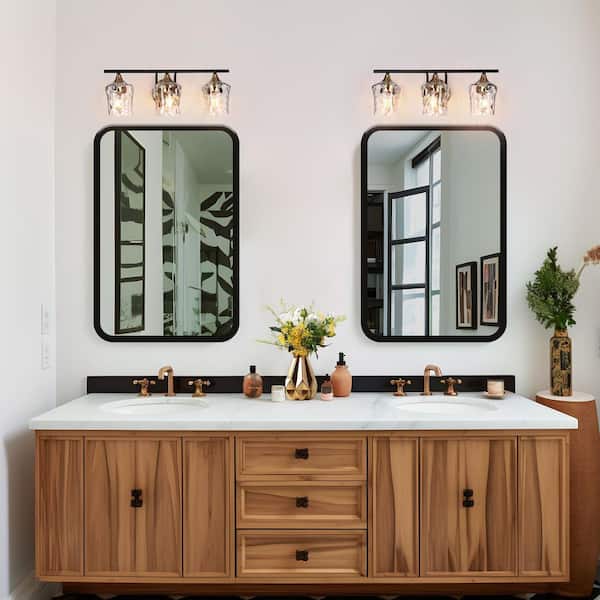 20 in. Modern 3-Light Black Wall Sconce Brass Gold Transitional Bath Lighting Water Glass Shade Bathroom Vanity Light