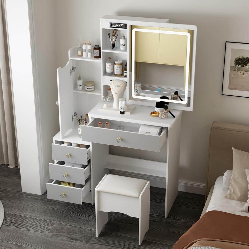 4-Drawers White Wood Makeup Vanity Sets Dressing Table Sets with Stool, Mirror, LED Light, Door and Storage Shelves - thumbnail 10