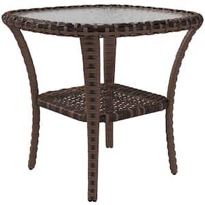 Brown Wicker Coffee Table with Storage Shelf and Glass Top for Garden, Porch, Backyard