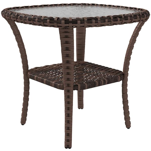 Unbranded Brown Wicker Coffee Table with Storage Shelf and Glass Top for Garden, Porch, Backyard