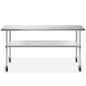 72 x 30 in. Stainless Steel Kitchen Utility Table with Bottom Shelf and Casters