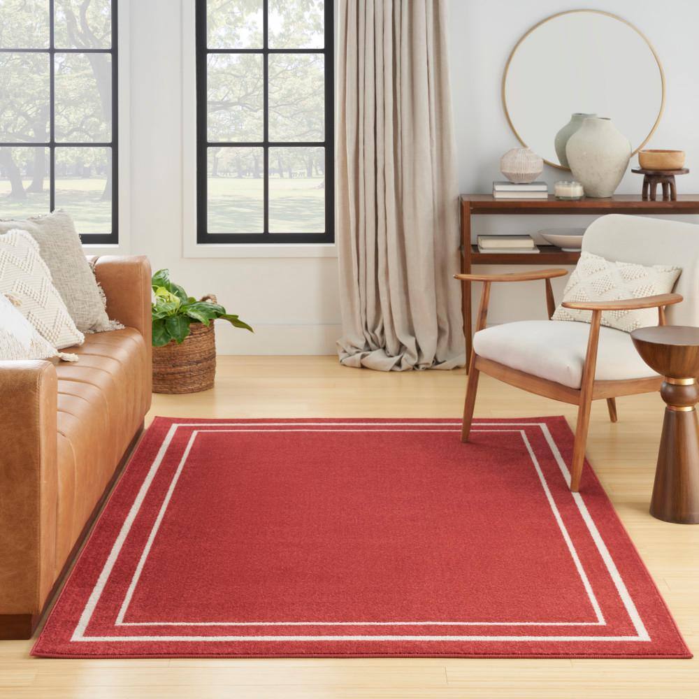 Brick & Ivory Dual Border 6' x 9' Easy-Care Synthetic Rug