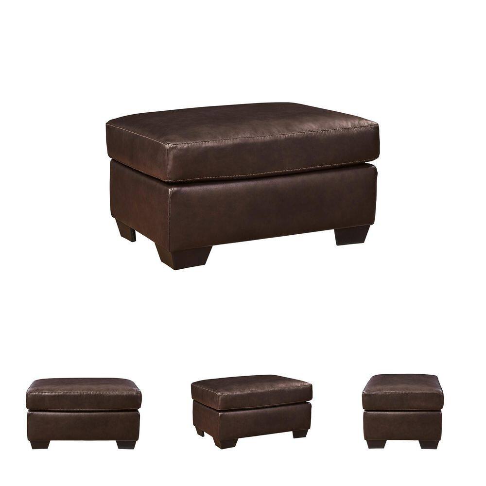 Brown leather ottoman shown from multiple angles