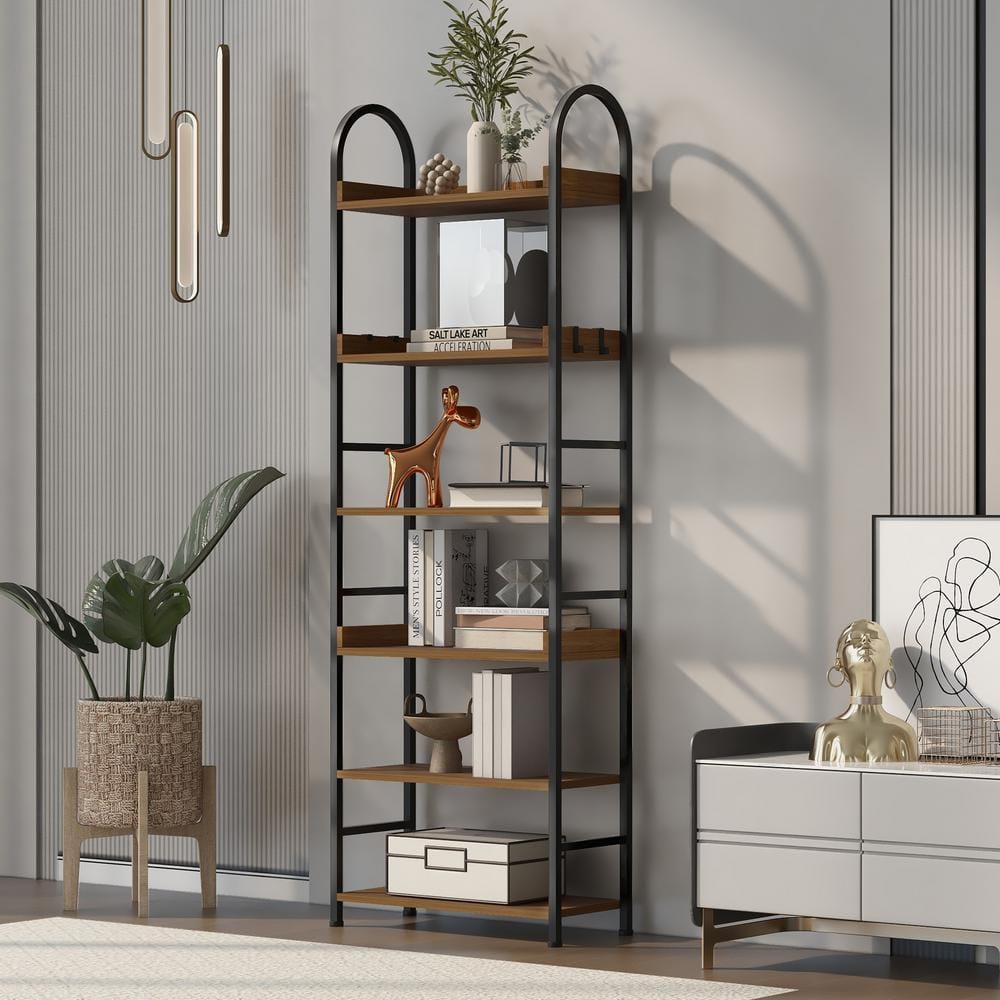 Tileon 6Shelf Brown Wood Storage Bookshelf, Pantry Organizer with 4