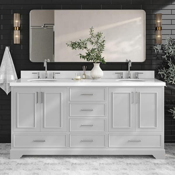 ARIEL Stafford 73 in. W x 22 in. D x 36 in. H Double Sink Freestanding Bath Vanity in Grey with Pure White Quartz Top