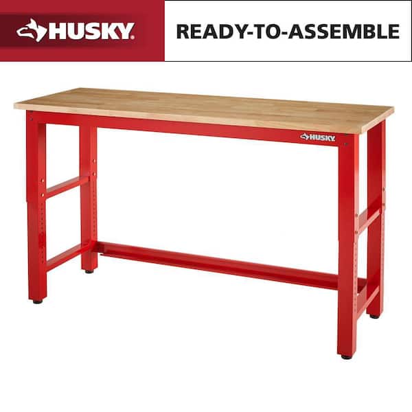 Ready to Assemble 72 in. W x 24 in. D Adjustable Height Red Workbench with Solid Wood Top