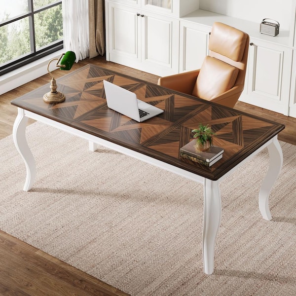 BYBLIGHT Moronia 62.99 in. Rectangular White and Brown Wood Computer Desk Writing Table for Home Office