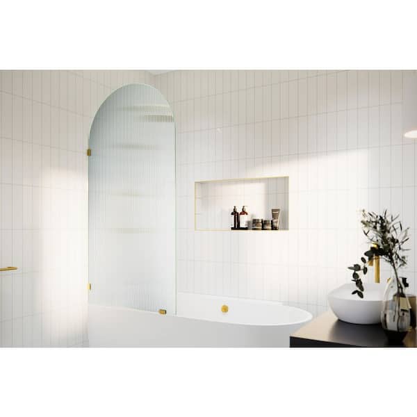 Maven 34 in. W x 66.75 in. H Single Fixed Frameless Arched Tub Door in Satin Brass with Fluted Glass