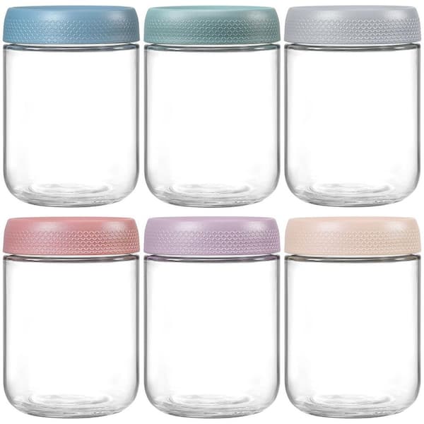 Kitchen 6-Piece Food Grade Glass Jar Set with Airtight Seal, Freezer Safe, 16 oz. Multi-Color Containers for Snacks