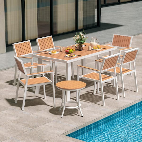 PamaPic 8-Piece Aluminum Yellow Outdoor Patio Dining Set with Rectangle Table, Small Side Table and 6-Stackable Chairs