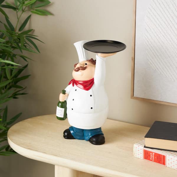 Litton Lane White 9 in. x 13 in. Polystone Kitchen Decorative Figurine Chef Sculpture with Black Tray and Green Bottle