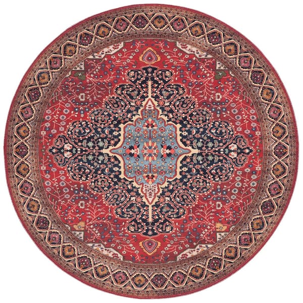 Serapi 7 ft. x 7 ft. Round Rust/Navy Persian Medallion Area Rug