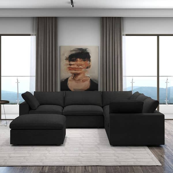 6-Piece Black Linen Modular Free Combination Sectional Sofa Living Room Set with Removable Covers and Ottoman