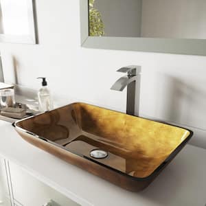 Glass Rectangular Vessel Bathroom Sink in Gold with Duris Faucet and Pop-Up Drain in Brushed Nickel