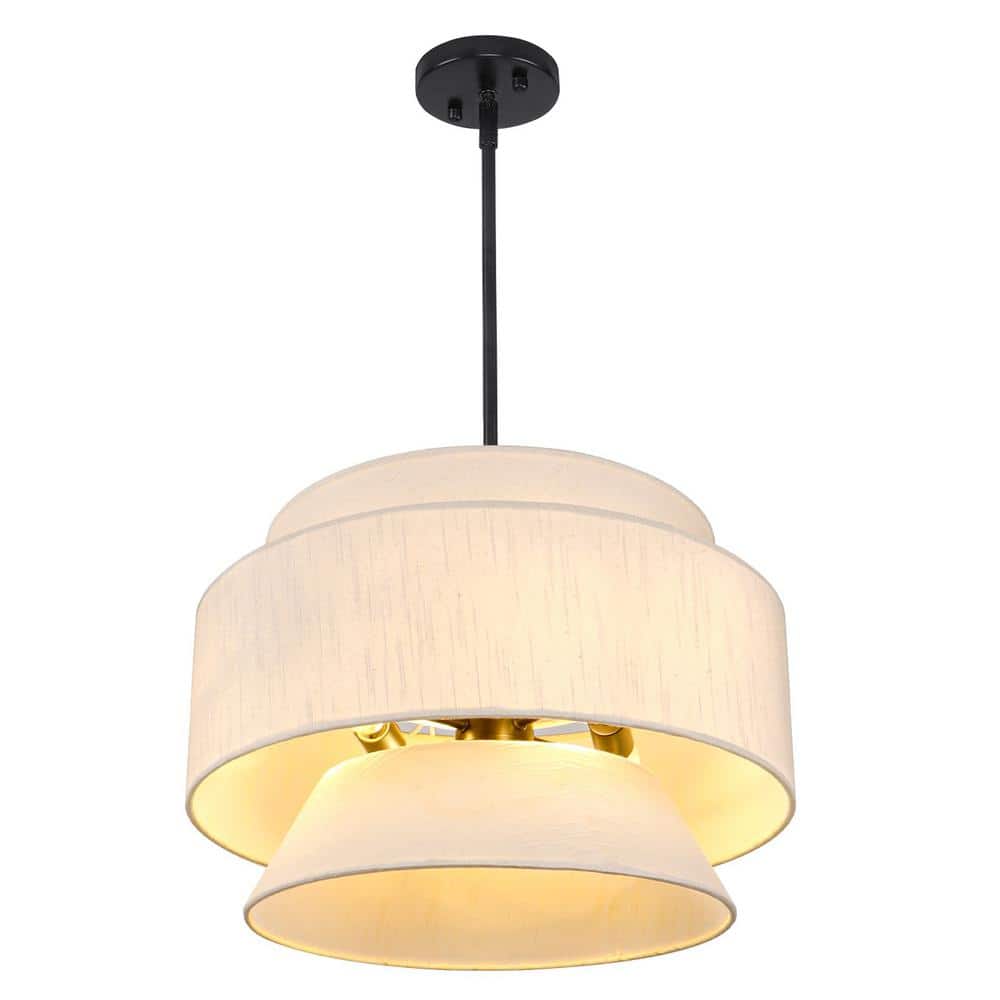 17.7 in. 4-Light White Modern Fabric Drum Chandelier with Linen Shade for L