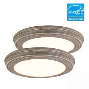 15 in. Weathered Gray Wood 5-CCT LED Round Flush Mount, Low Profile Ceiling Light (2-Pack)
