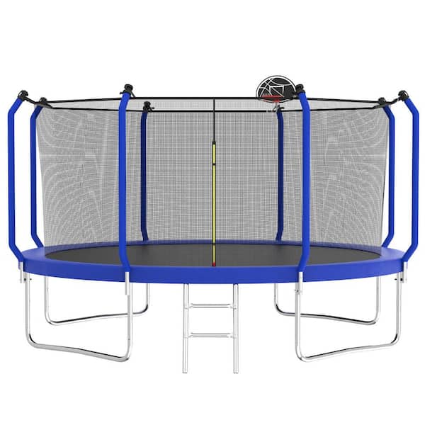 Zeus & Ruta 14 ft. Basketball Hoop Equipped ASTM Approved Reinforced Type Safe Recreational Outdoor Trampoline Kit with Enclosure