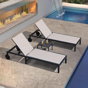 Aluminum Outdoor Chaise Lounge Chairs Set with Wheels and Table for Beach Patio Reclining Sunbathing Lounger, Mixed Grey