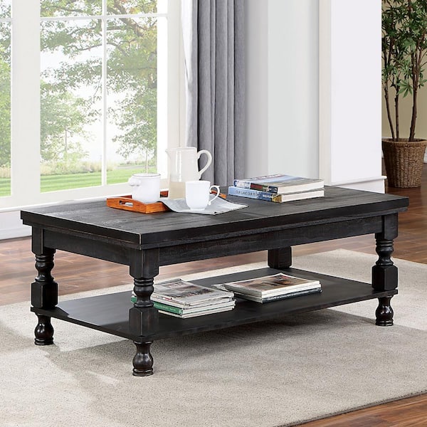 Furniture of America Heavenly 47.5 in. Antique Black Rectangle Wood Coffee Table with Shelf