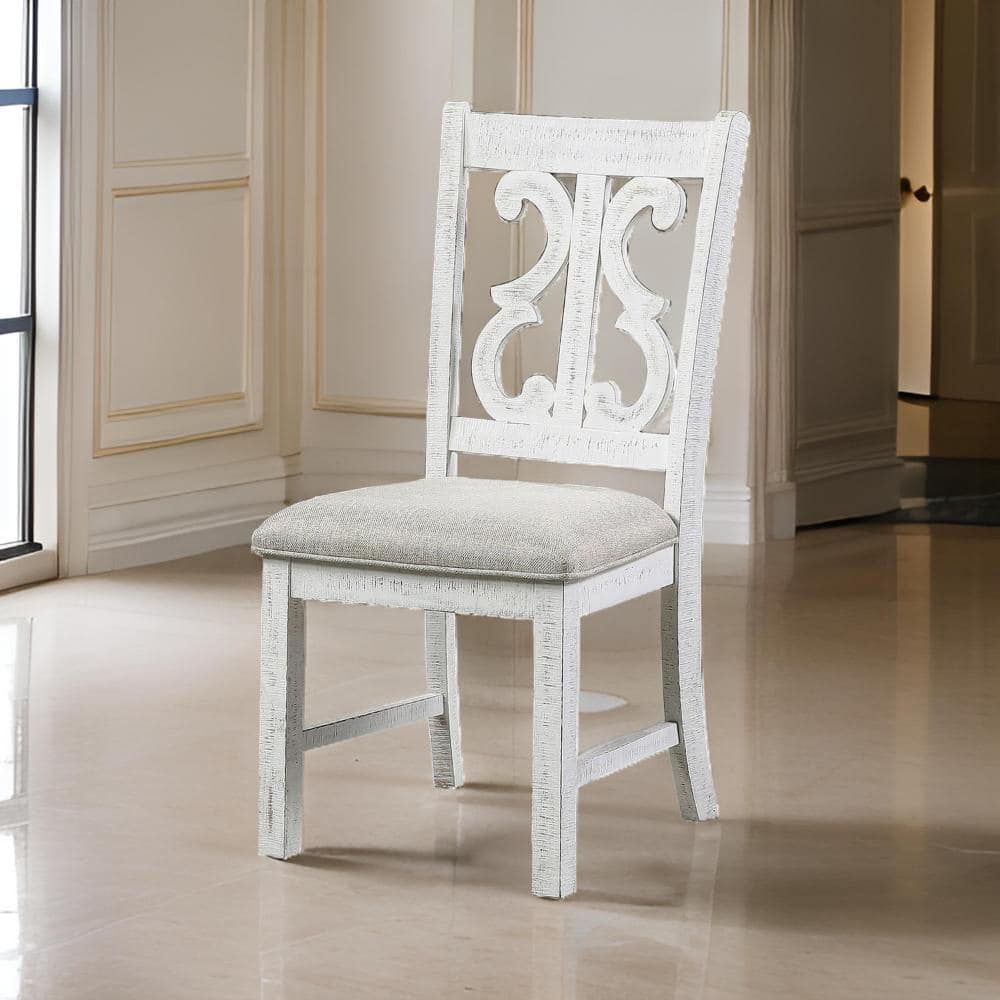 Elegant Linen Upholstered White Wood Side Chair with Open Scroll Back - Set of 2